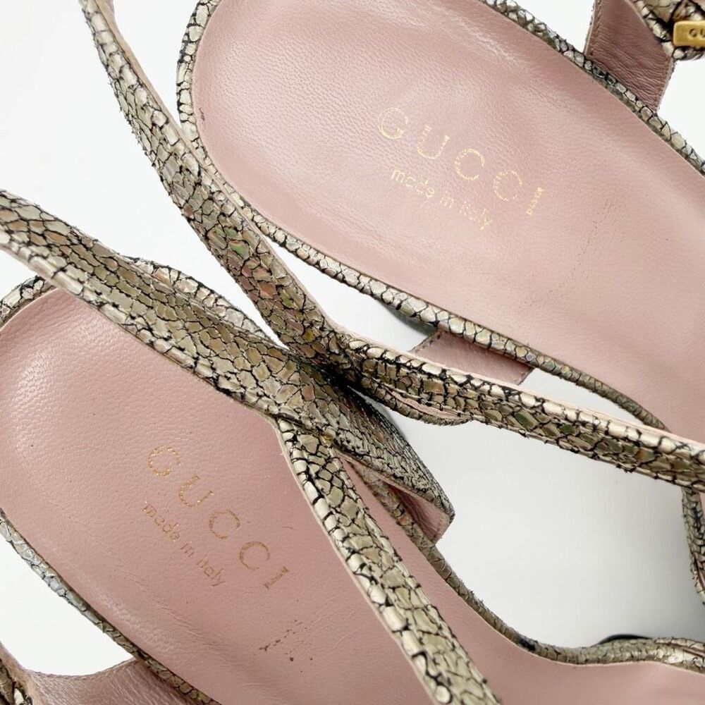 GUCCI Claudie Platform Horsebit Iridescent Gold Heeled Sandal Size 37 Leather - Picture 8 of 12
